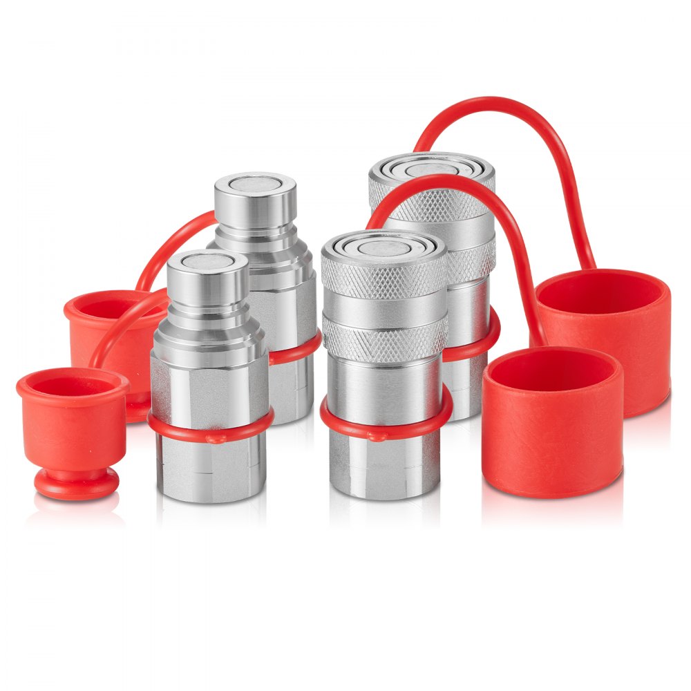1/2" Flat Face Hydraulic Couplers, 1/2" NPT Skid Steer Hydraulic Quick Connect Couplers with 4 Dust Caps (ISO16028)