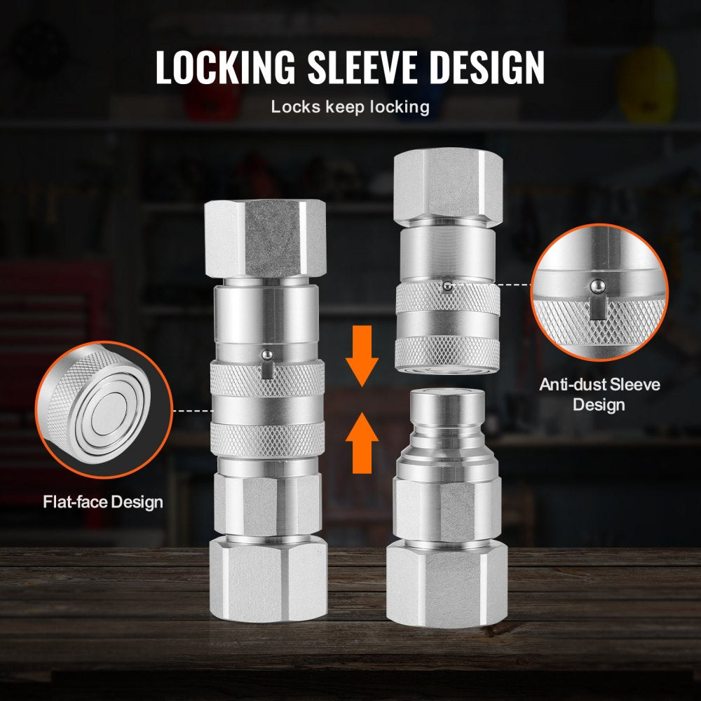 1/2" Flat Face Hydraulic Couplers, 1/2" NPT Skid Steer Hydraulic Quick Connect Couplers with 2 Dust Caps (ISO16028)