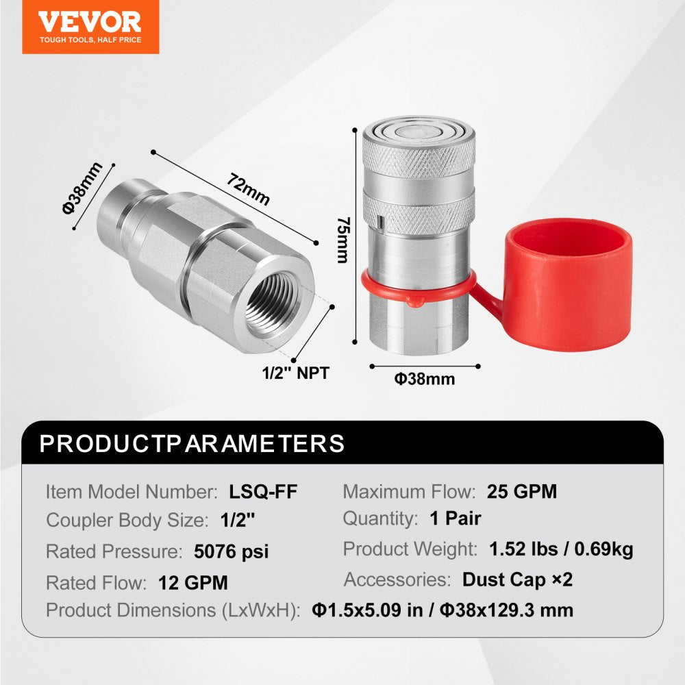 1/2" Flat Face Hydraulic Couplers, 1/2" NPT Skid Steer Hydraulic Quick Connect Couplers with 2 Dust Caps (ISO16028)
