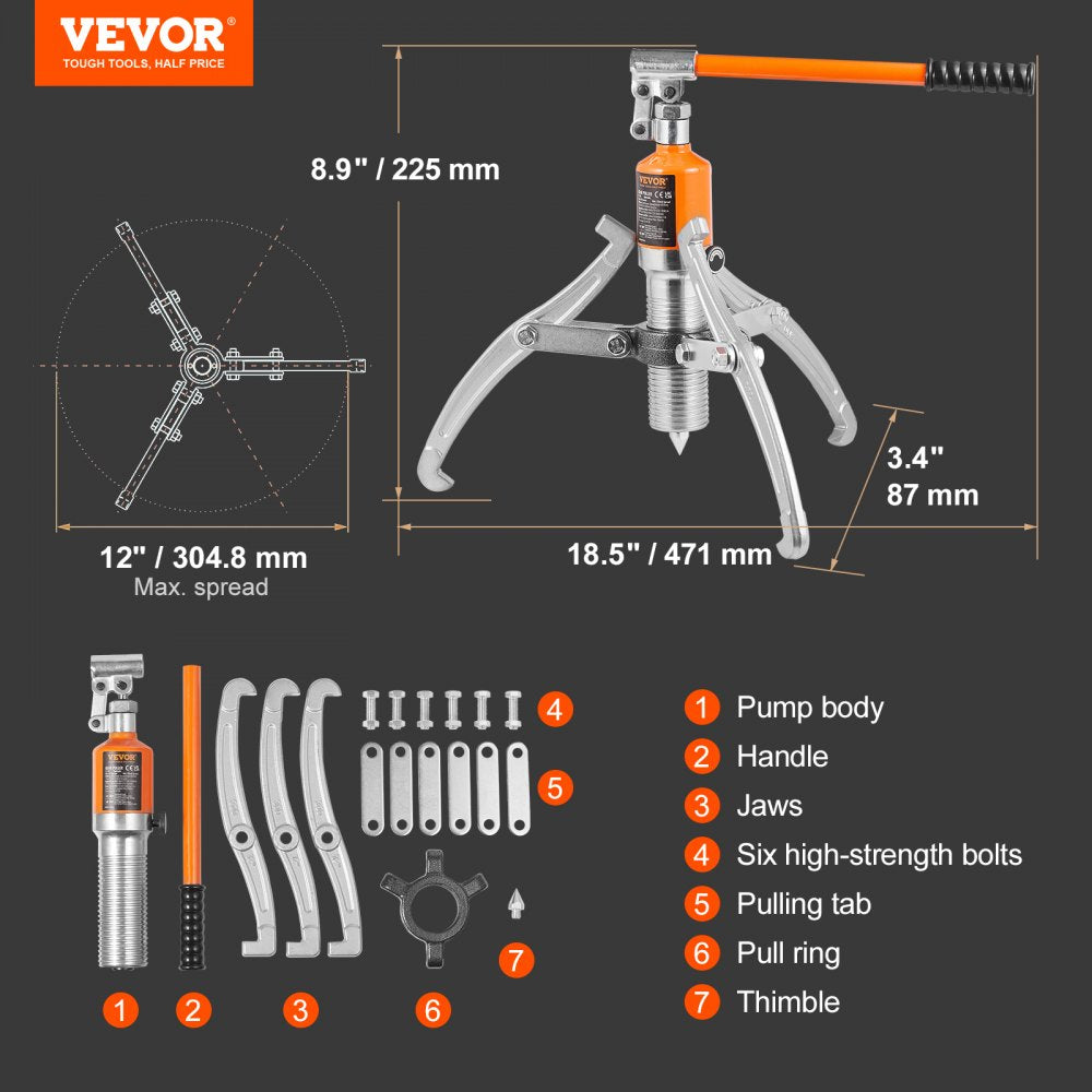Hydraulic Gear Puller, 15 Ton Max Capacity Wheel Bearing Pulling Separator, 2 or 3 Jaws Puller, Vertically and Horizontally, 12" Jaw Hydraulic Puller with Case for Pulling Hubs