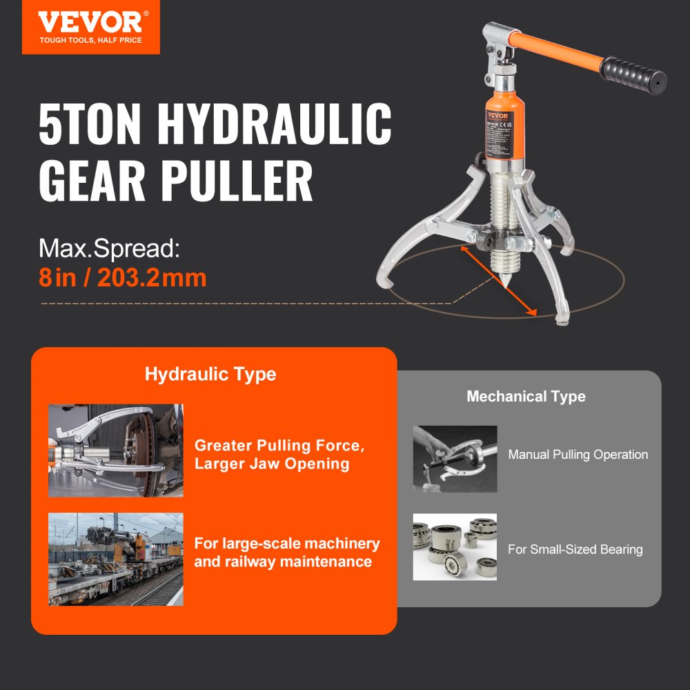 Hydraulic Gear Puller, 5 Ton Max Capacity Wheel Bearing Pulling Separator, 2 or 3 Jaws Puller, Vertically and Horizontally, 8" Jaw Hydraulic Puller with Case for Pulling Hubs