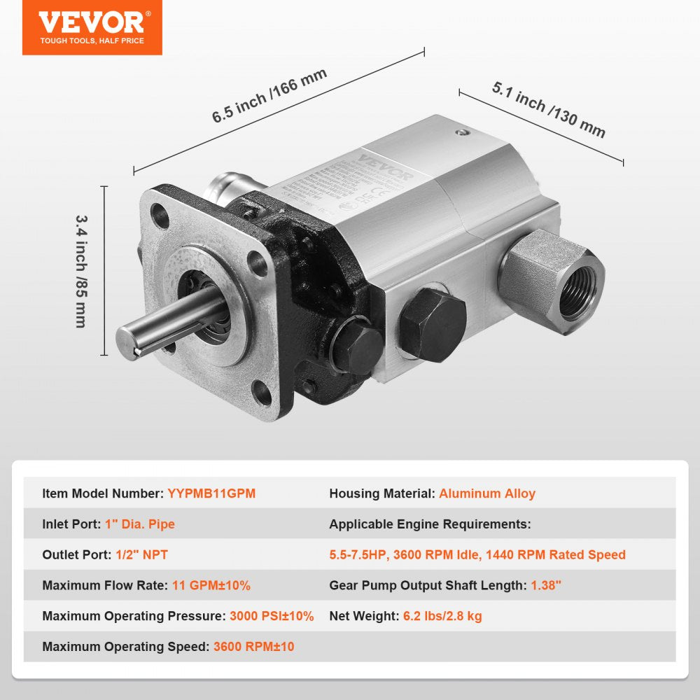 Hydraulic Log Splitter Pump, 11GPM, 2 Stage 3000PSI Wood Log Splitter Pump, 1`` Inlet 1/2`` NPT Outlet 3600 RPM Aluminum Hydraulic Gear Pump, for Small Engine Mounting Log Splitters Snowplow