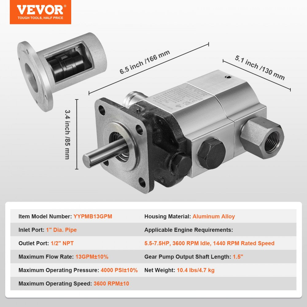 Hydraulic Wood Log Splitter Pump Kit, 13 GPM, 2 Stage 4000 PSI Aluminum Hydraulic Gear Pump, with Coupling Installation Base 1/2`` NPT Outlet 3600 RPM, for Small Engine Mounting Log Splitter