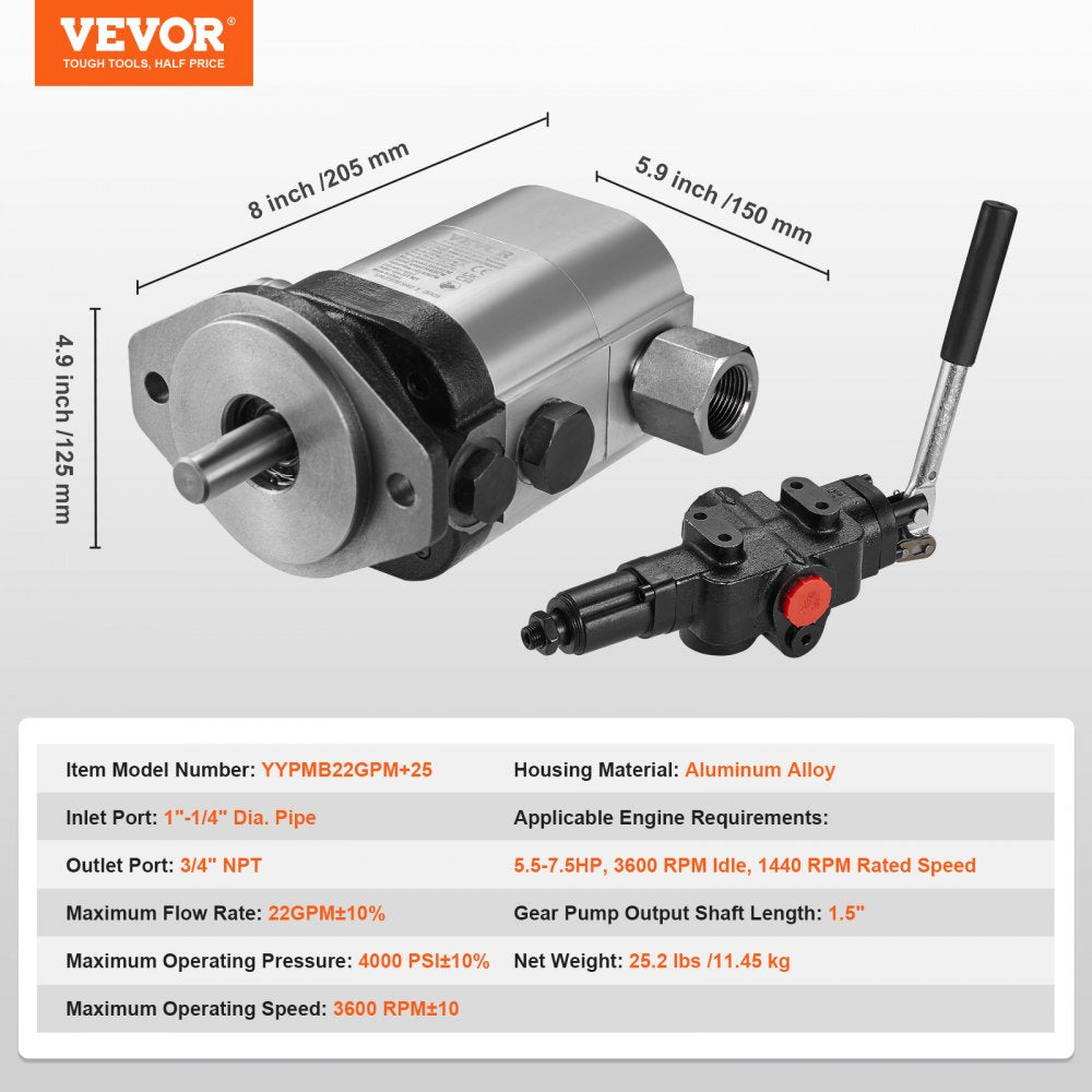 Hydraulic Wood Log Splitter Pump Kit, 22GPM, 2 Stage 4000PSI Aluminum Hydraulic Gear Pump, with Valve Coupling Installation Base 3/4`` NPT Outlet 3600 RPM, for Small Engine Mounting Log Splitter