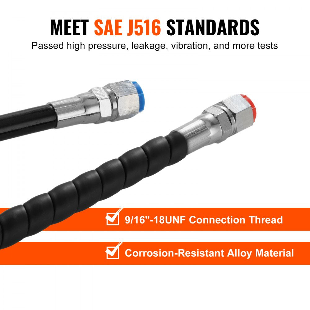 Two-piece 20 ft black TPEE hydraulic steering hose kit with blue and red brass connectors and 9/16"-18 UNF threads, meeting SAE J516 standards.