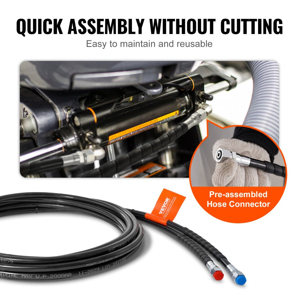 20 ft two-piece TPEE hydraulic steering hose kit with pre-assembled brass connectors for boats.