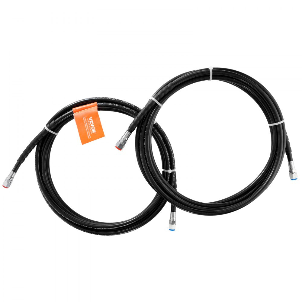Two black 20 ft TPEE hydraulic steering hoses with brass connectors and orange Bostome tags, coiled for 300 HP boats.