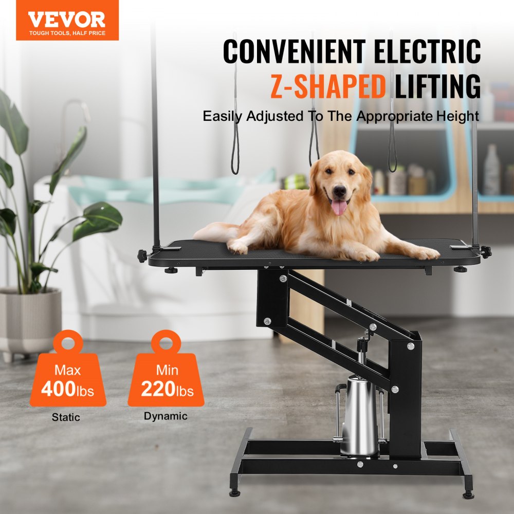 Hydraulic pet grooming table with adjustable height and non-slip waterproof surface.