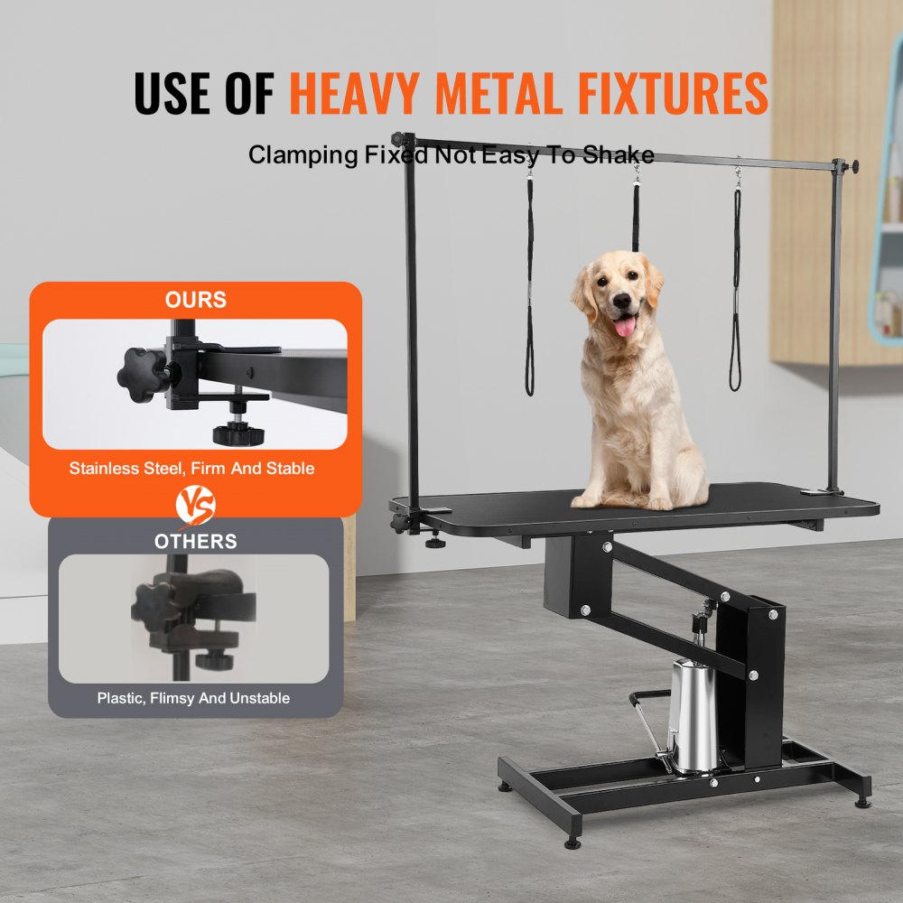Heavy-duty hydraulic pet grooming table with adjustable height and waterproof non-slip surface.