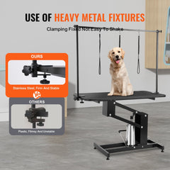 Heavy-duty hydraulic pet grooming table with adjustable height and waterproof non-slip surface.