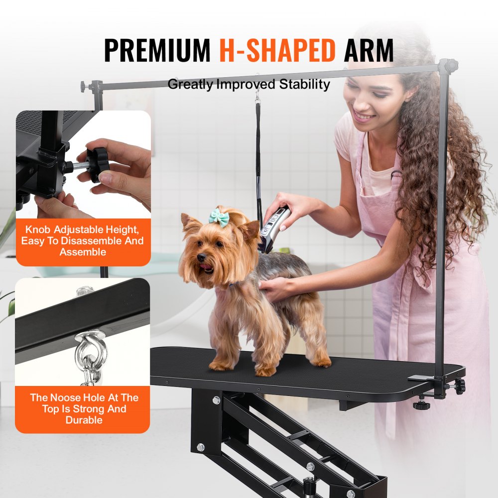 43-inch hydraulic pet grooming table with adjustable height and waterproof non-slip surface.