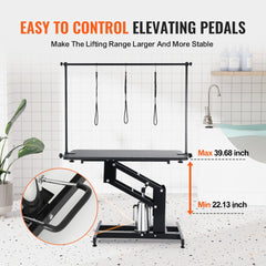 Heavy-duty 43" hydraulic pet grooming table with adjustable height and waterproof tabletop.