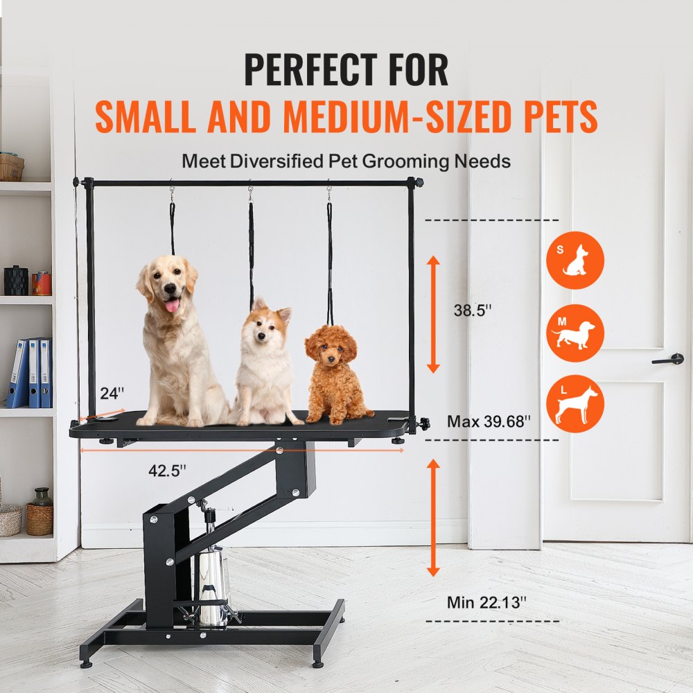 Bostome 43" hydraulic pet grooming table with adjustable height and waterproof non-slip surface.