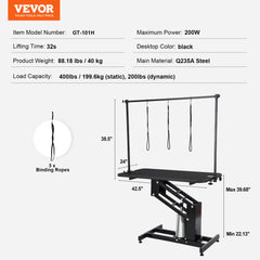 Heavy-duty 43" hydraulic pet grooming table with adjustable height and non-slip waterproof surface.