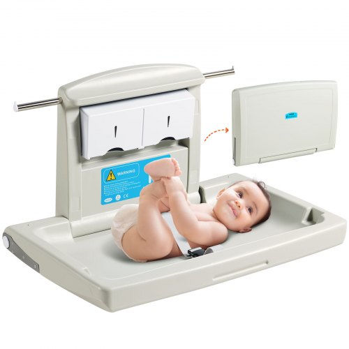 Wall-mounted baby changing station in white HDPE, foldable with safety belt and hanging rods.