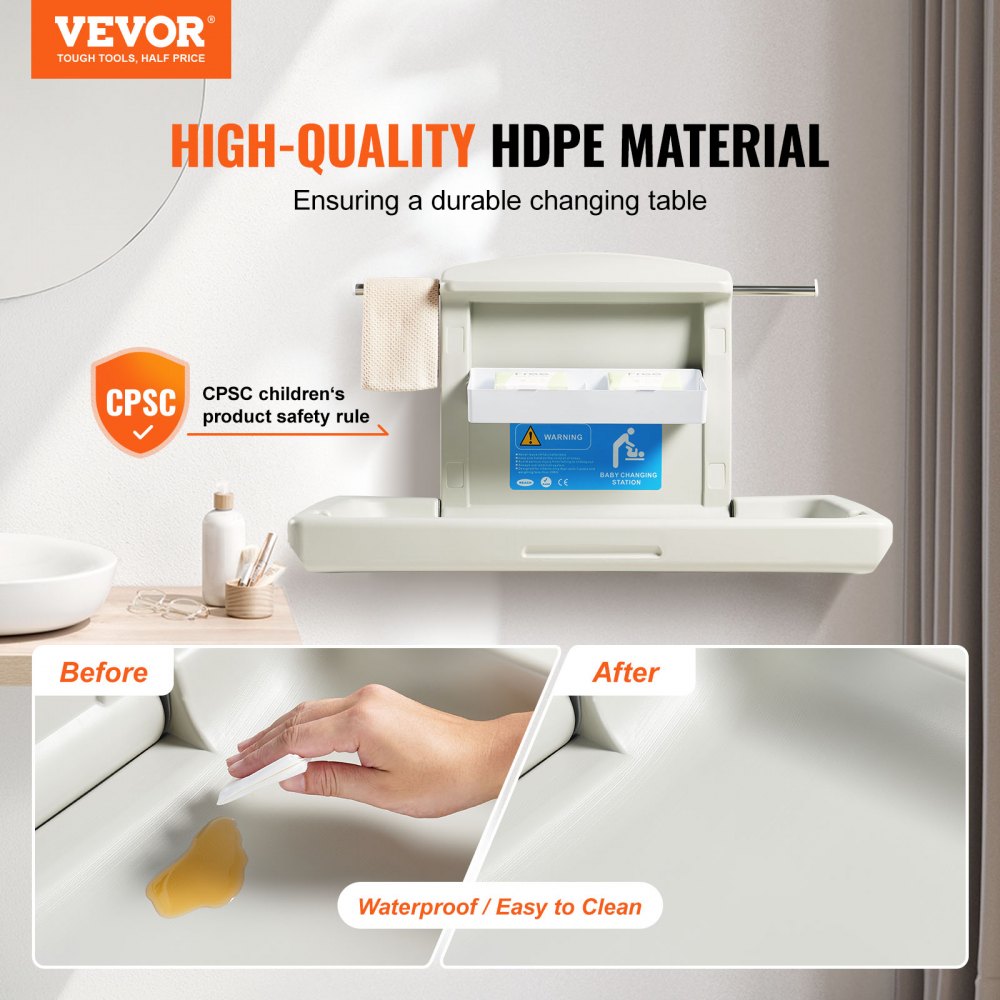 Horizontal wall-mounted baby changing station made of durable HDPE with safety features.