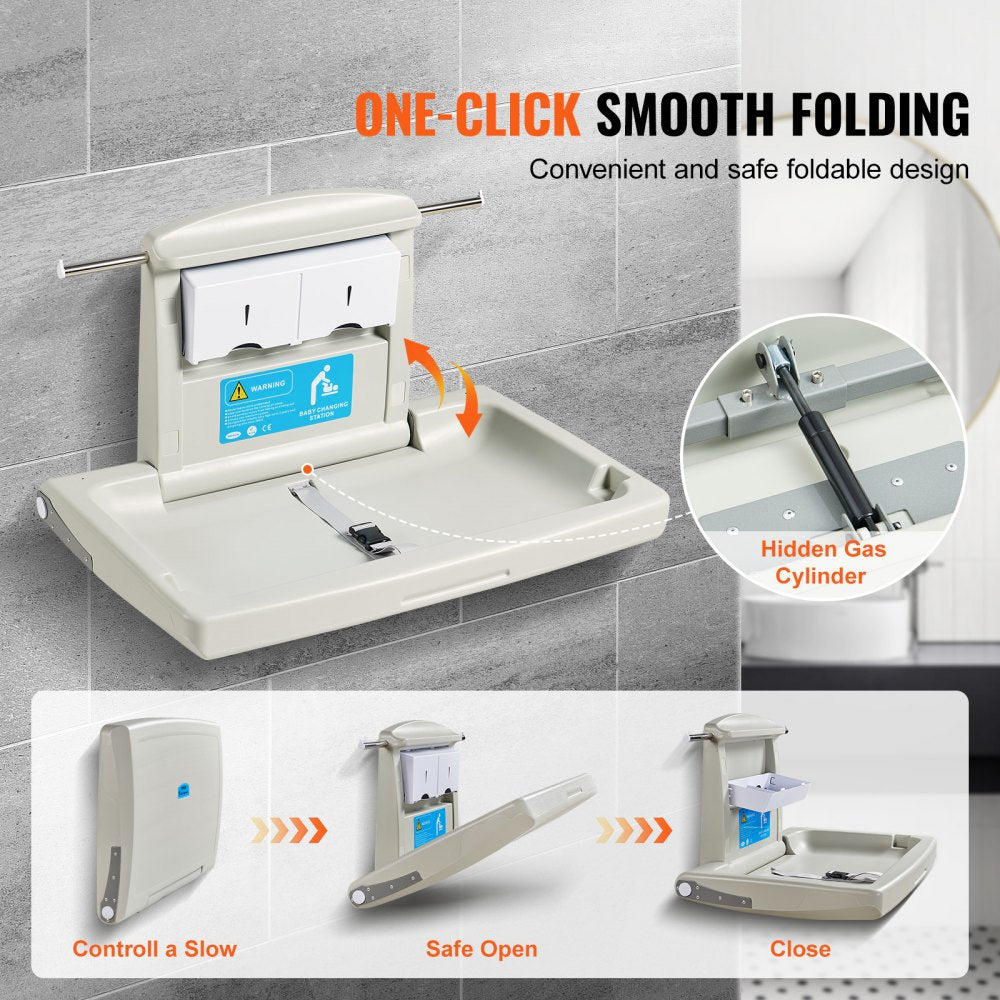 Horizontal, foldable baby changing station made of durable HDPE with adjustable safety belt.