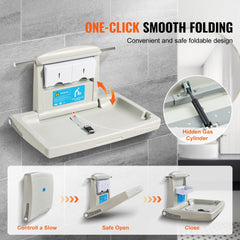 Horizontal, foldable baby changing station made of durable HDPE with adjustable safety belt.