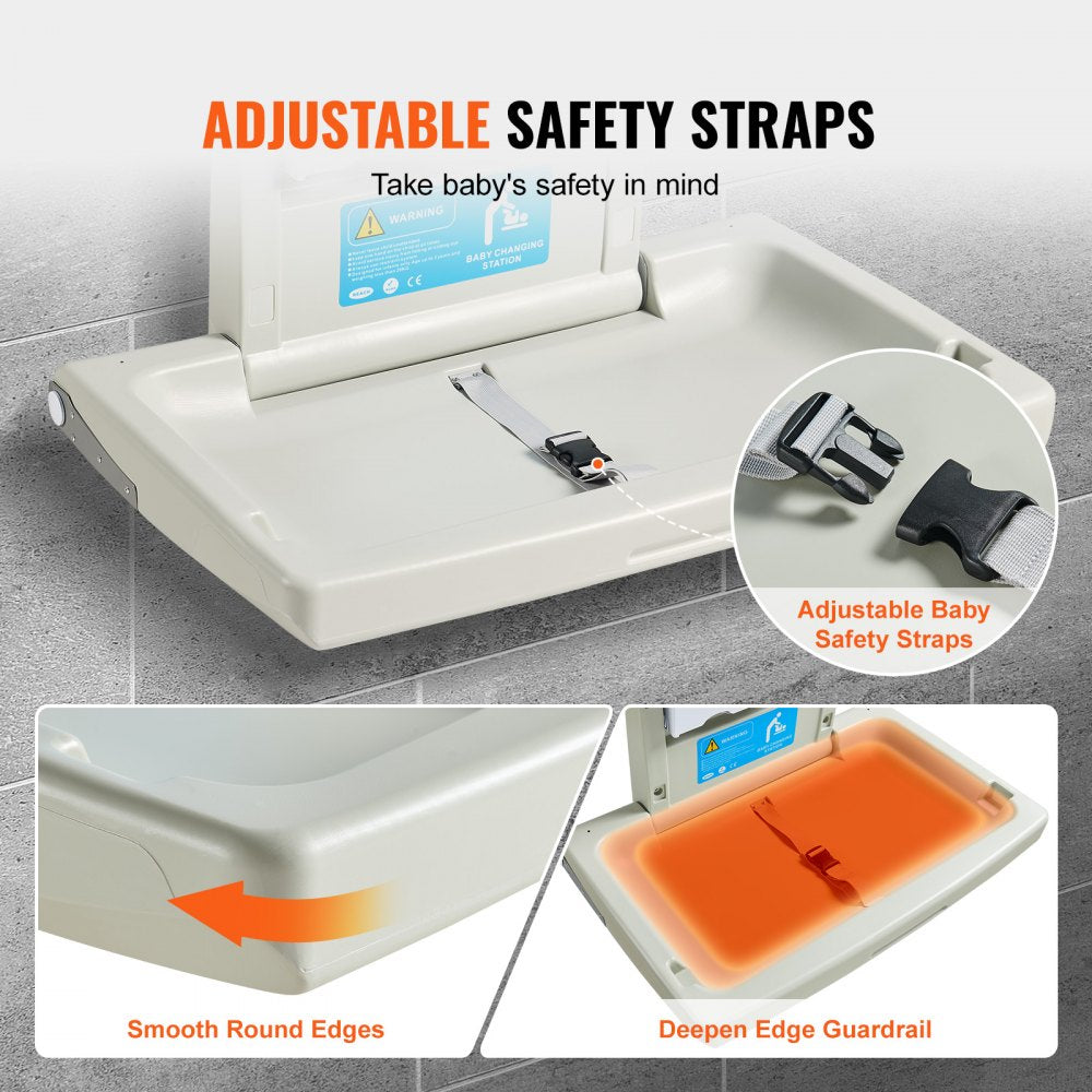Horizontal, foldable baby changing station made of durable HDPE with safety belt and hanging rods.
