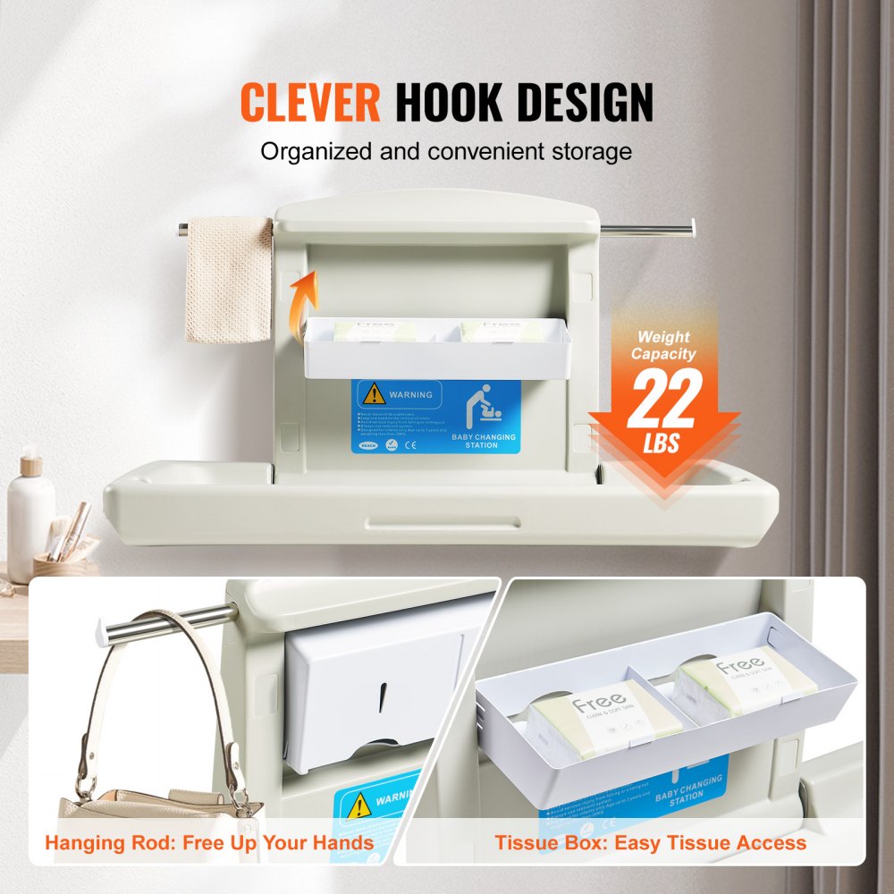 Wall-mounted baby changing station in HDPE, foldable with adjustable safety belt and hanging rods.