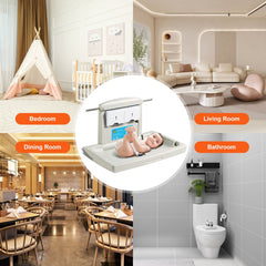 Horizontal wall-mounted baby changing station made of durable HDPE with safety belt and hanging rods.