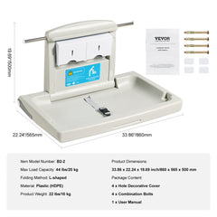 Horizontal wall-mounted baby changing station made of durable HDPE with safety belt and hanging rods.