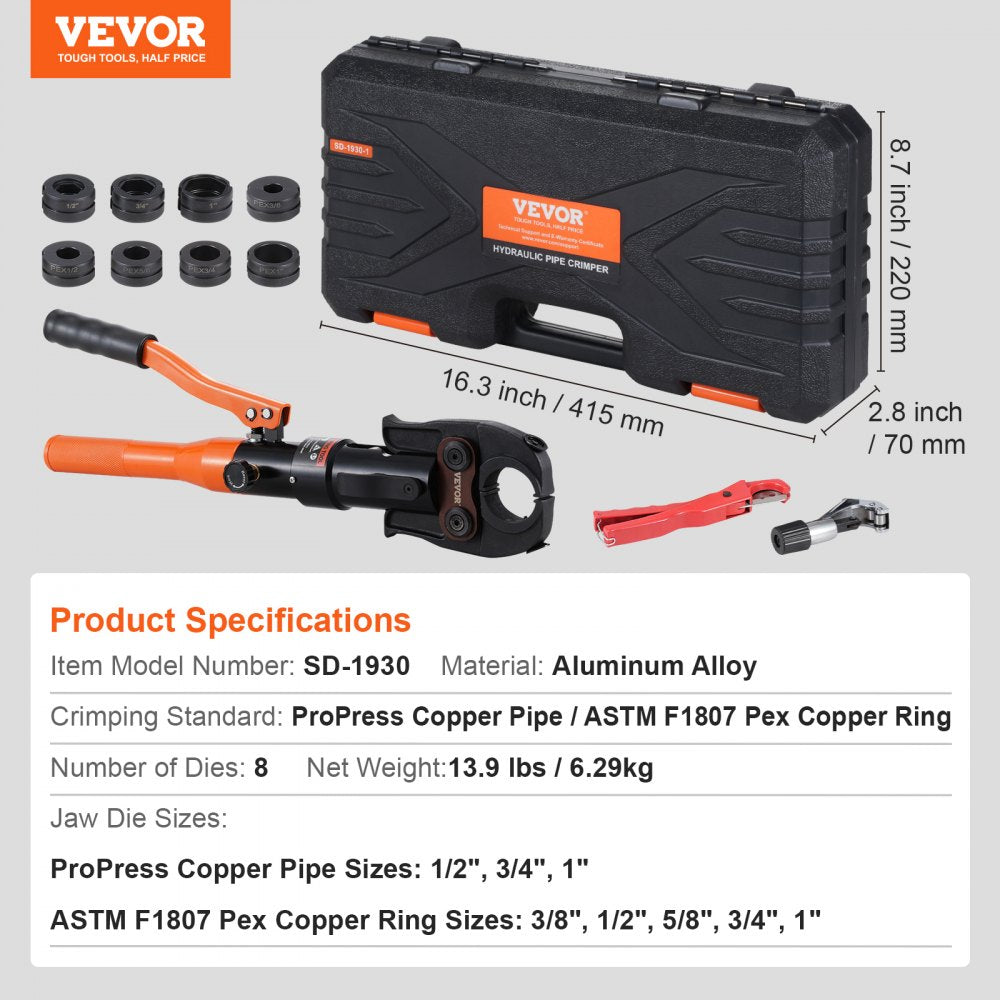 Bostome copper tube crimping tool with 8 jaws and a 360° rotatable head for tight spaces.