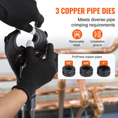 Bostome copper tube crimping tool with 1/2", 3/4", and 1" jaws and cutter, shown in use with gloved hands.
