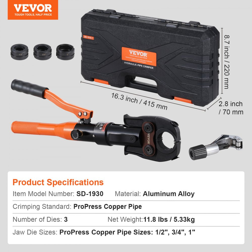 Bostome copper tube crimping tool with 1/2", 3/4", 1" jaws, cutter, and carrying case.
