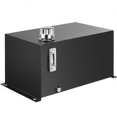 Steel hydraulic fluid tank with 10-gallon capacity and integrated oil level gauge.