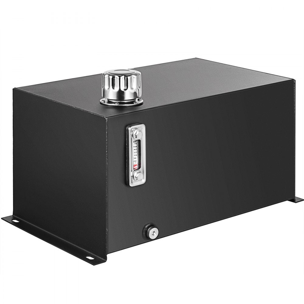 Steel hydraulic fluid tank with 10-gallon capacity and integrated oil level temperature gauge.