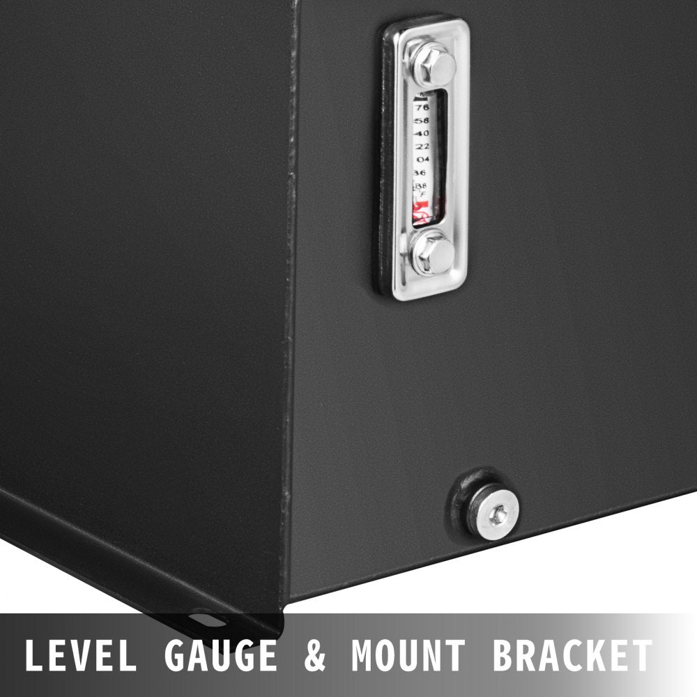 Steel hydraulic fluid tank with a 10-gallon capacity and integrated oil level gauge.
