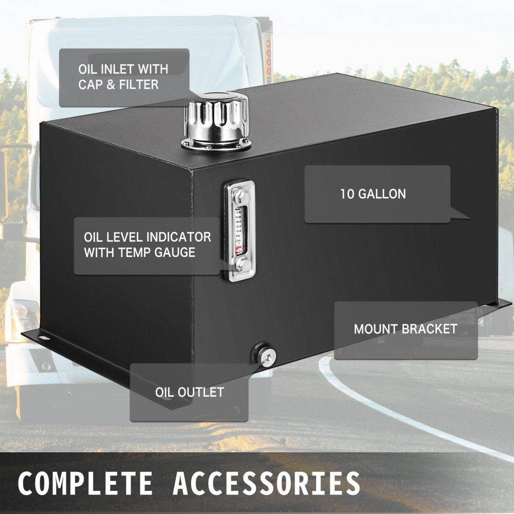Steel hydraulic fluid tank with 10-gallon capacity and integrated oil level temperature gauge.