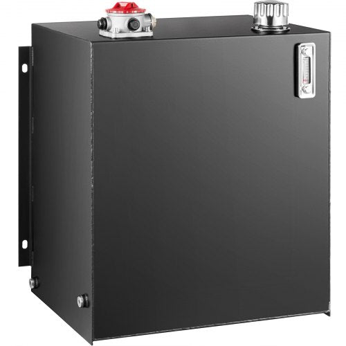 Black steel 25-gallon hydraulic oil tank with red vent, silver cap, and temperature gauge.