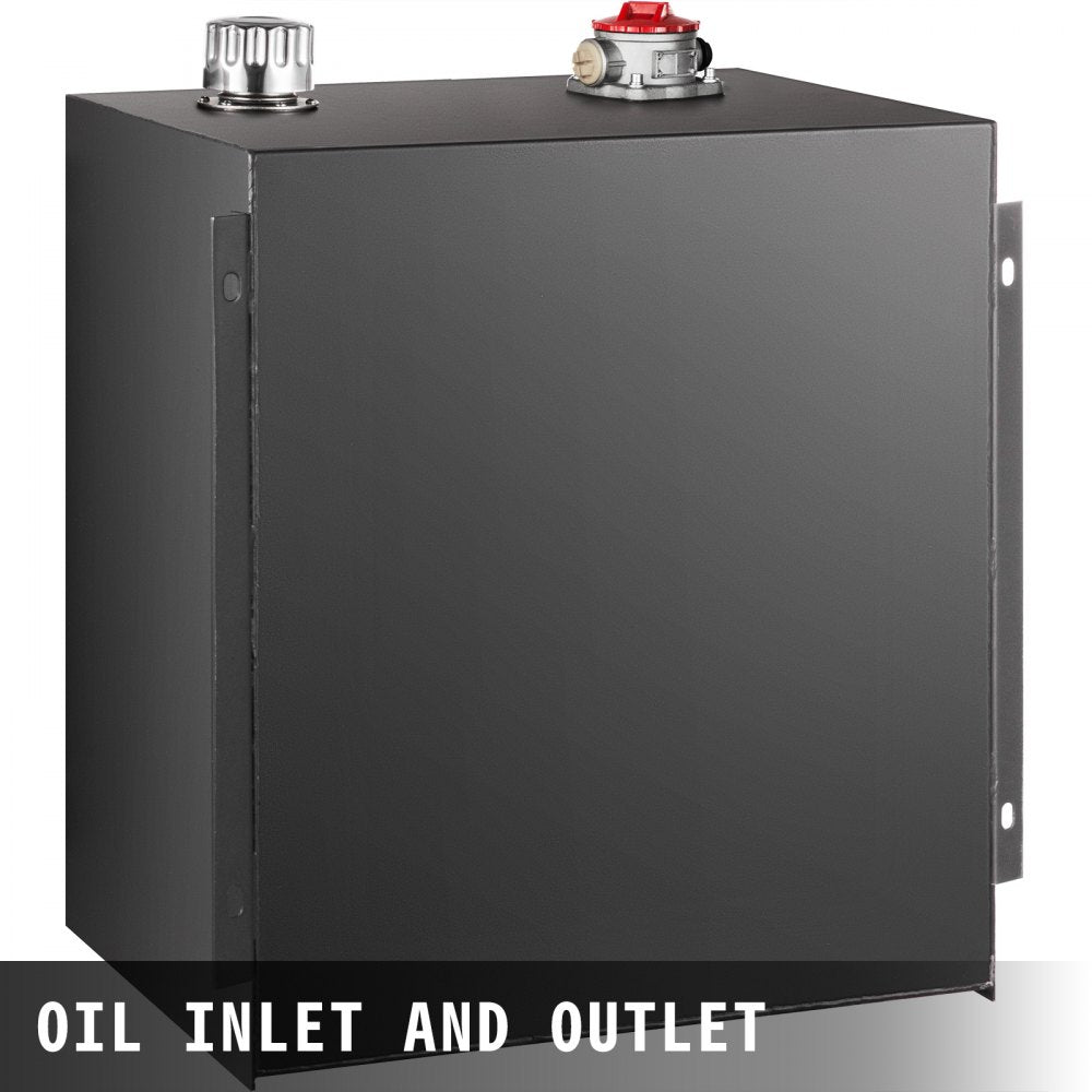 Black steel 25-gallon hydraulic oil tank with inlet, outlet, and temperature gauge.