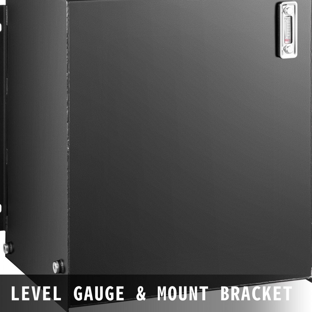 Black steel 25-gallon hydraulic oil tank with temp gauge and mount brackets.