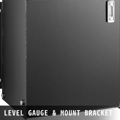 Black steel 25-gallon hydraulic oil tank with temp gauge and mount brackets.