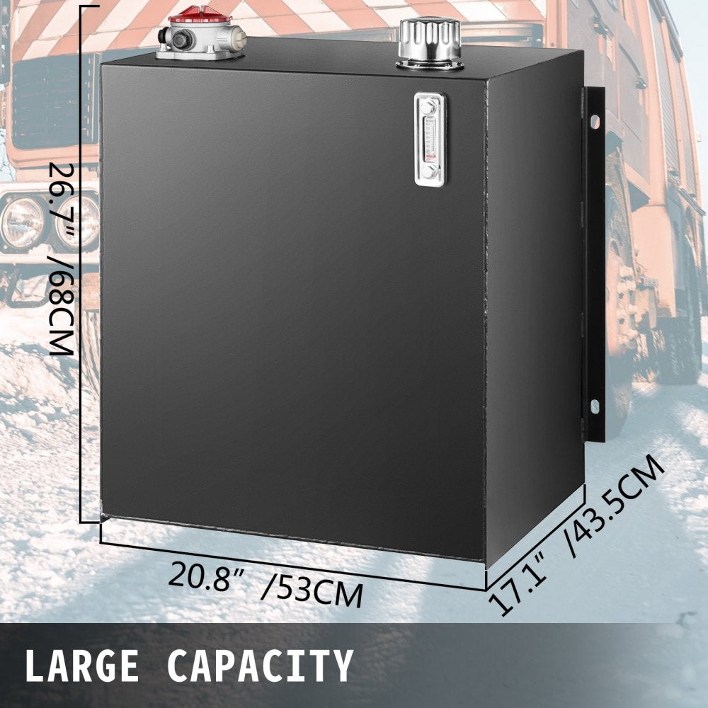 Black steel 25-gallon hydraulic oil tank with temperature gauge and mounting brackets, dimensions 24x21x17 inches.