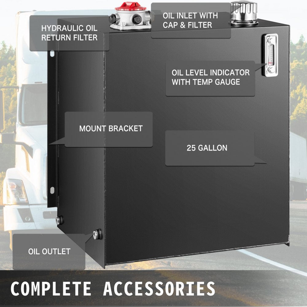 Black steel 25-gallon hydraulic oil tank with temp gauge, inlet, outlet, filter, and mount bracket.
