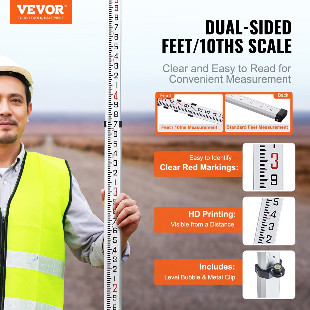 Telescopic 14ft aluminum grade rod with dual-sided precision markings and bubble level.