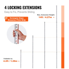 Telescopic 14ft aluminum grade rod with dual-sided precision markings and integrated bubble level.