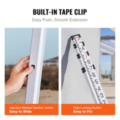 Telescopic 14ft aluminum grade rod with dual-sided markings and integrated bubble level.