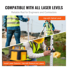Telescopic 14ft aluminum grade rod with dual-sided markings and integrated bubble level.