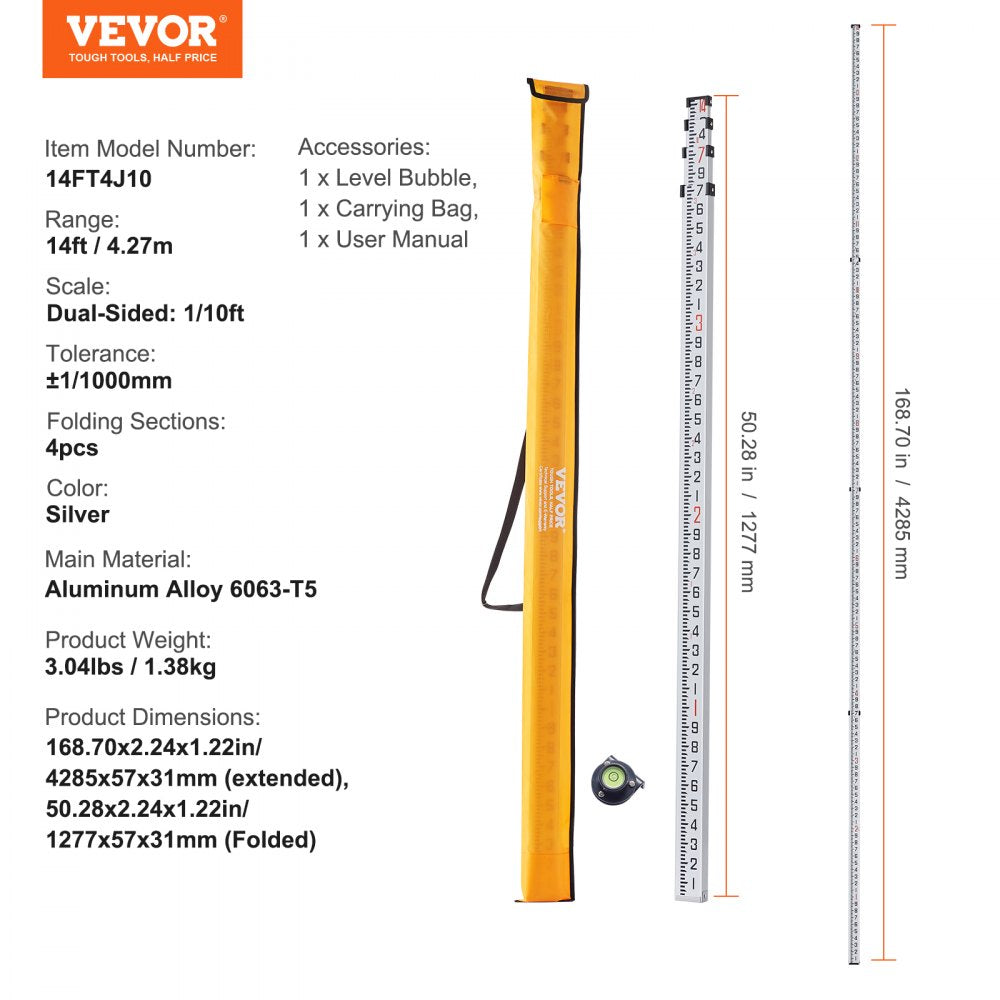 Telescopic 14ft aluminum grade rod with dual-sided markings and integrated bubble level.