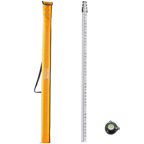 Orange carry bag with 16ft aluminum telescopic leveling rod and bubble level.