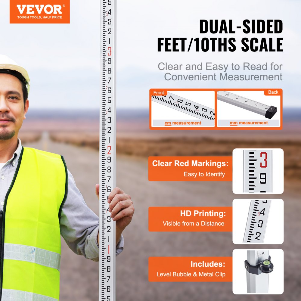 A man in a hi-vis vest holds a 16ft aluminum telescopic leveling rod with dual-sided scales and level bubble.
