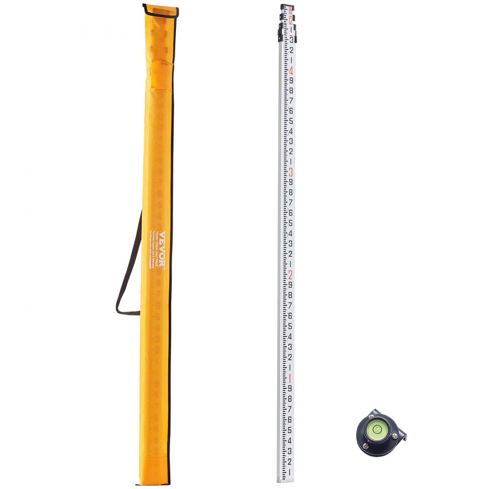 Orange carry bag with 16ft aluminum telescopic leveling rod and bubble level.