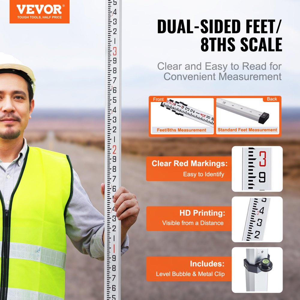 Silver 16ft aluminum grade rod with 4 telescopic sections, dual-sided scales, and bubble level.