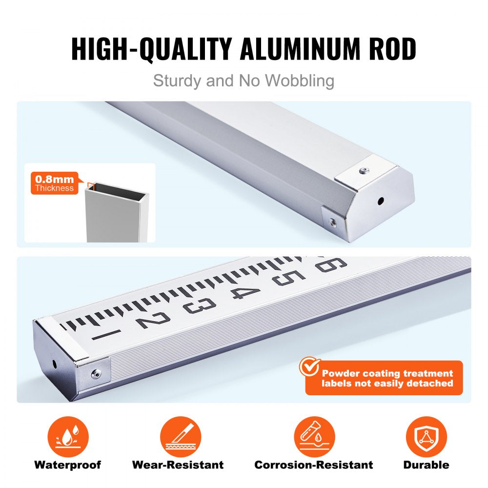 Silver 16ft 4-section telescopic aluminum grade rod with dual-sided markings and bubble level.