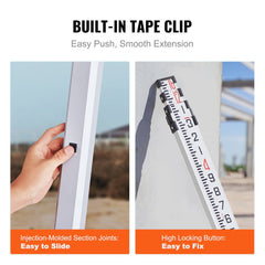 Silver 16ft aluminum grade rod with 4 telescopic sections, dual-sided markings, and built-in tape clip.